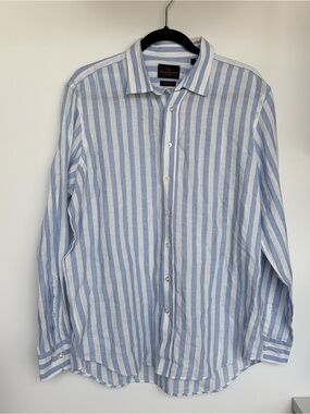 Simon Carter Blue White Striped Slim Fit Long Sleeve Button-Up Shirt Linen Large